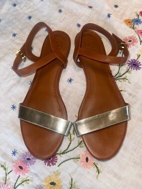 Tory Burch Leather Ankle-Strap Sandals with Gold Toe Band